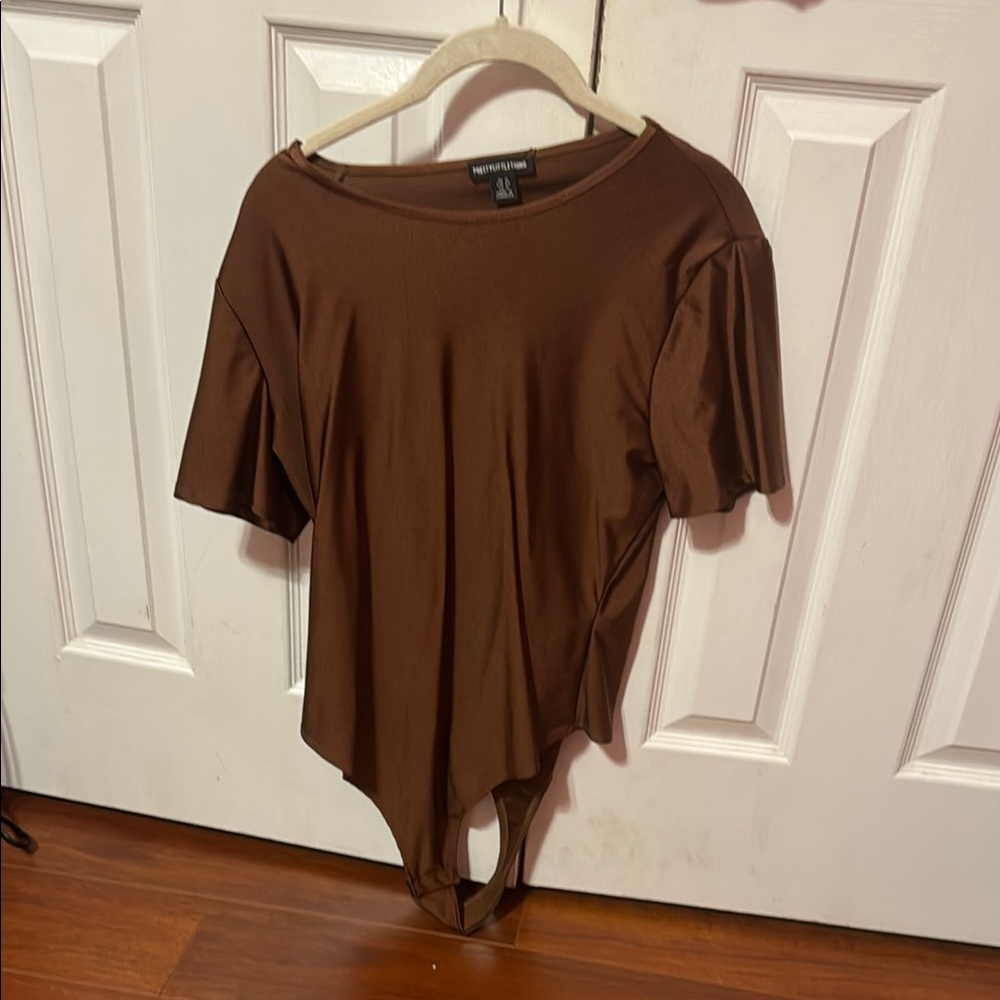 PrettyLittleThing Brown Asymmetrical Bodysuit Top